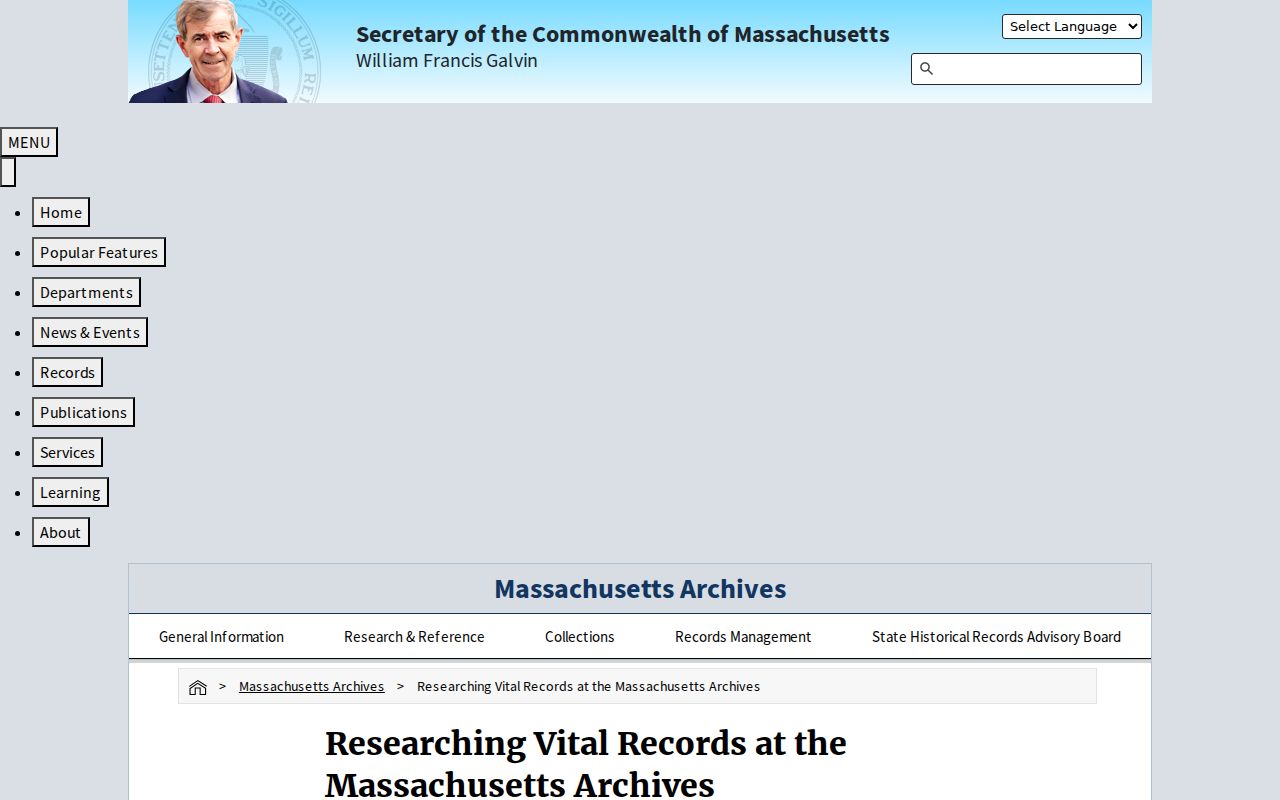 Massachusetts Archives vital records research page