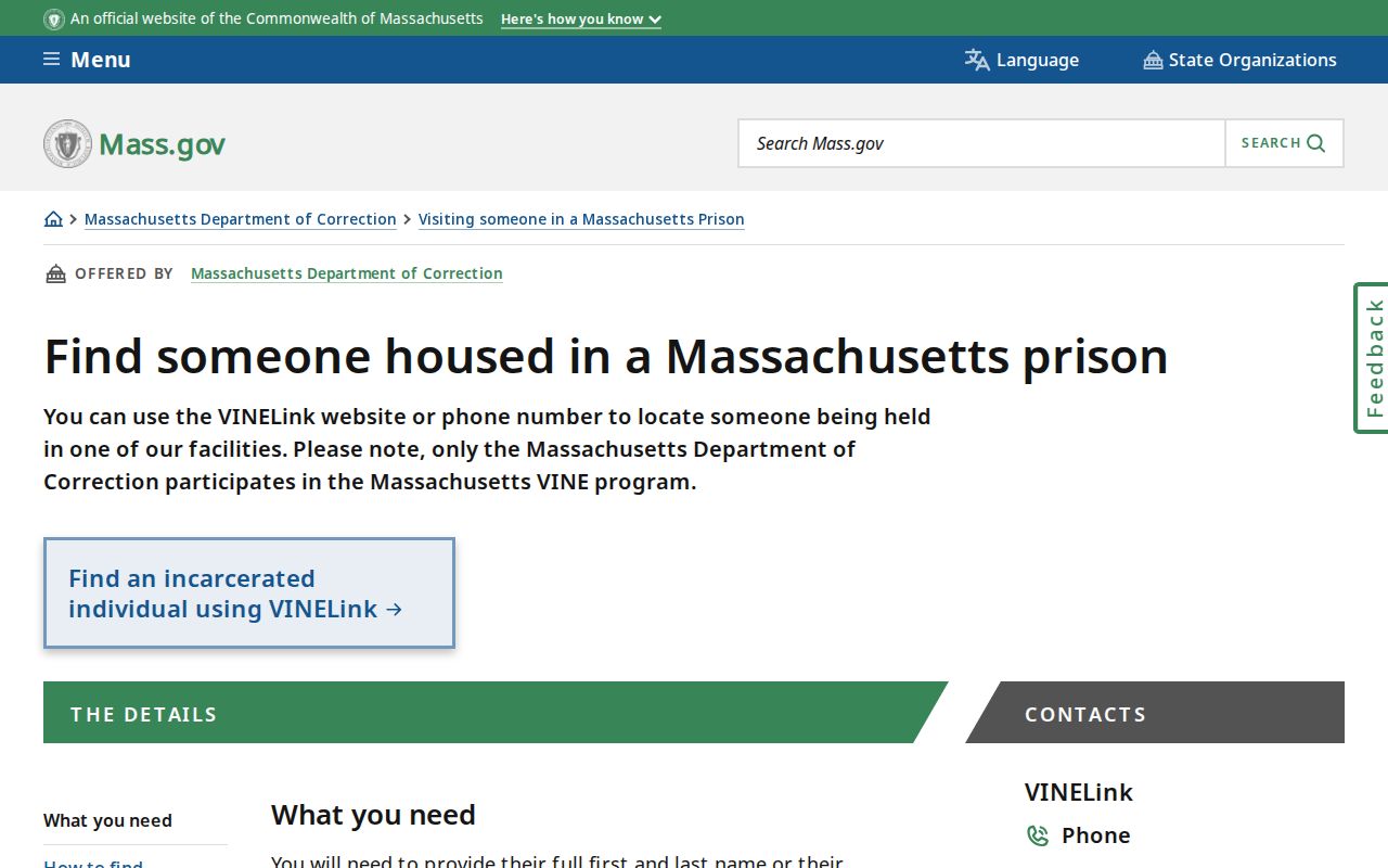 Massachusetts Department of Correction custody lookup instructions
