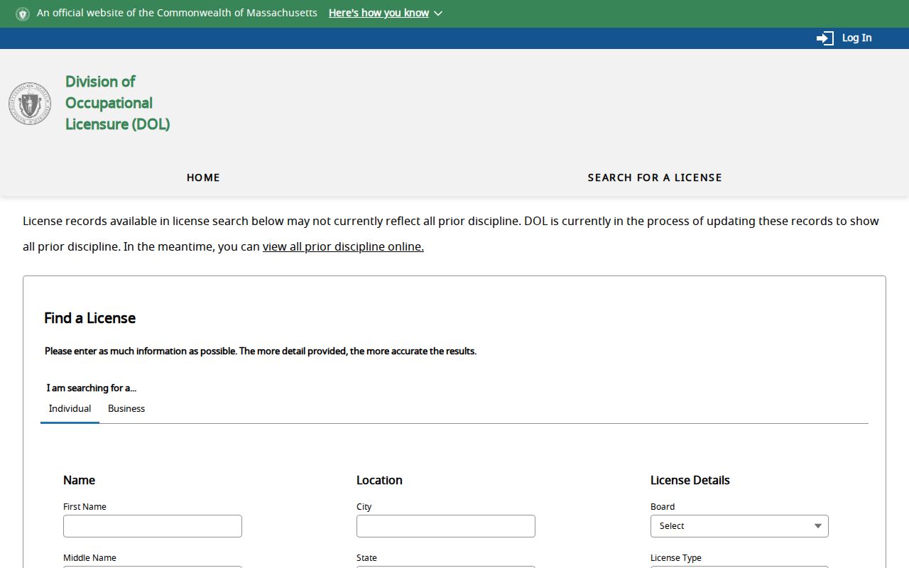 Massachusetts occupational license search form