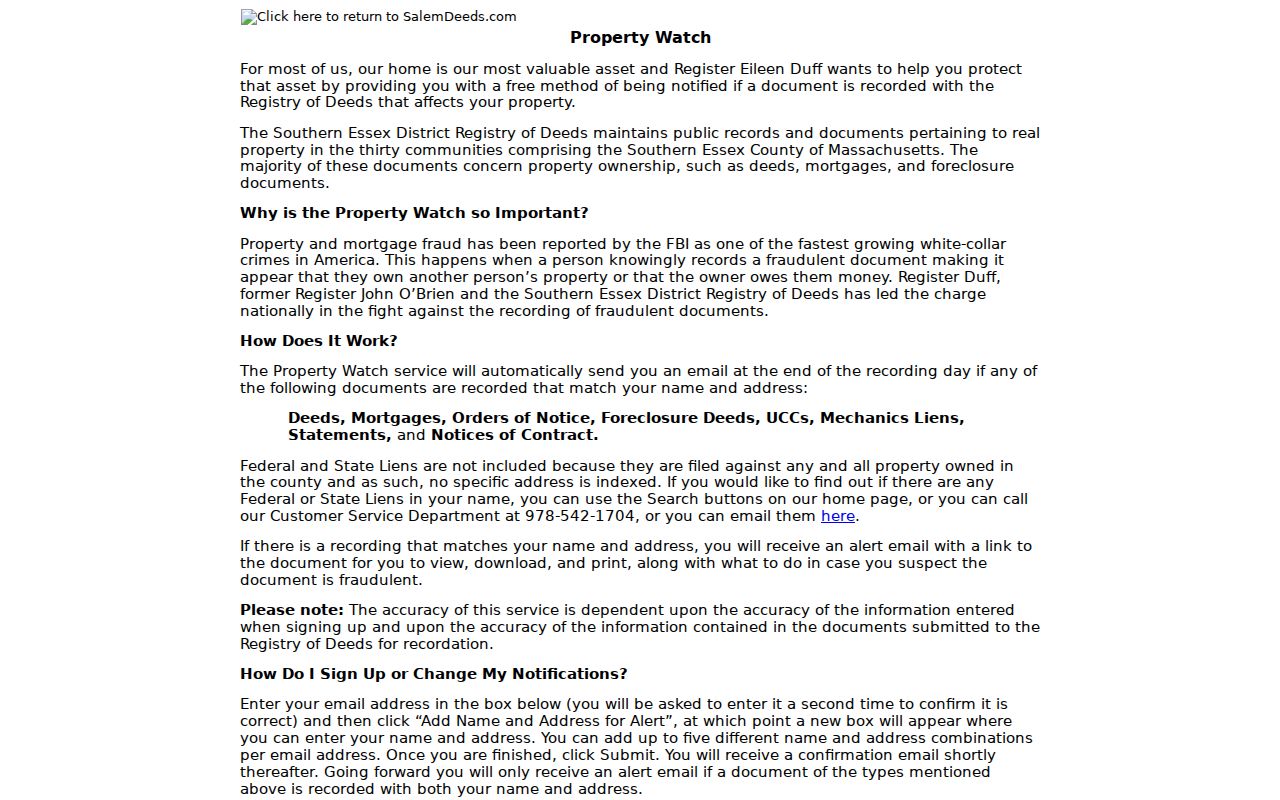 Southern Essex property recording alert enrollment page