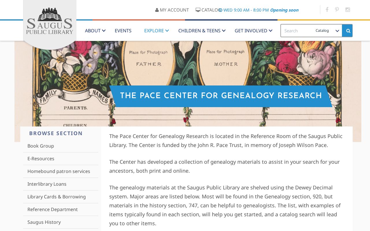 Saugus previous residents research through the Saugus Public Library genealogy collection