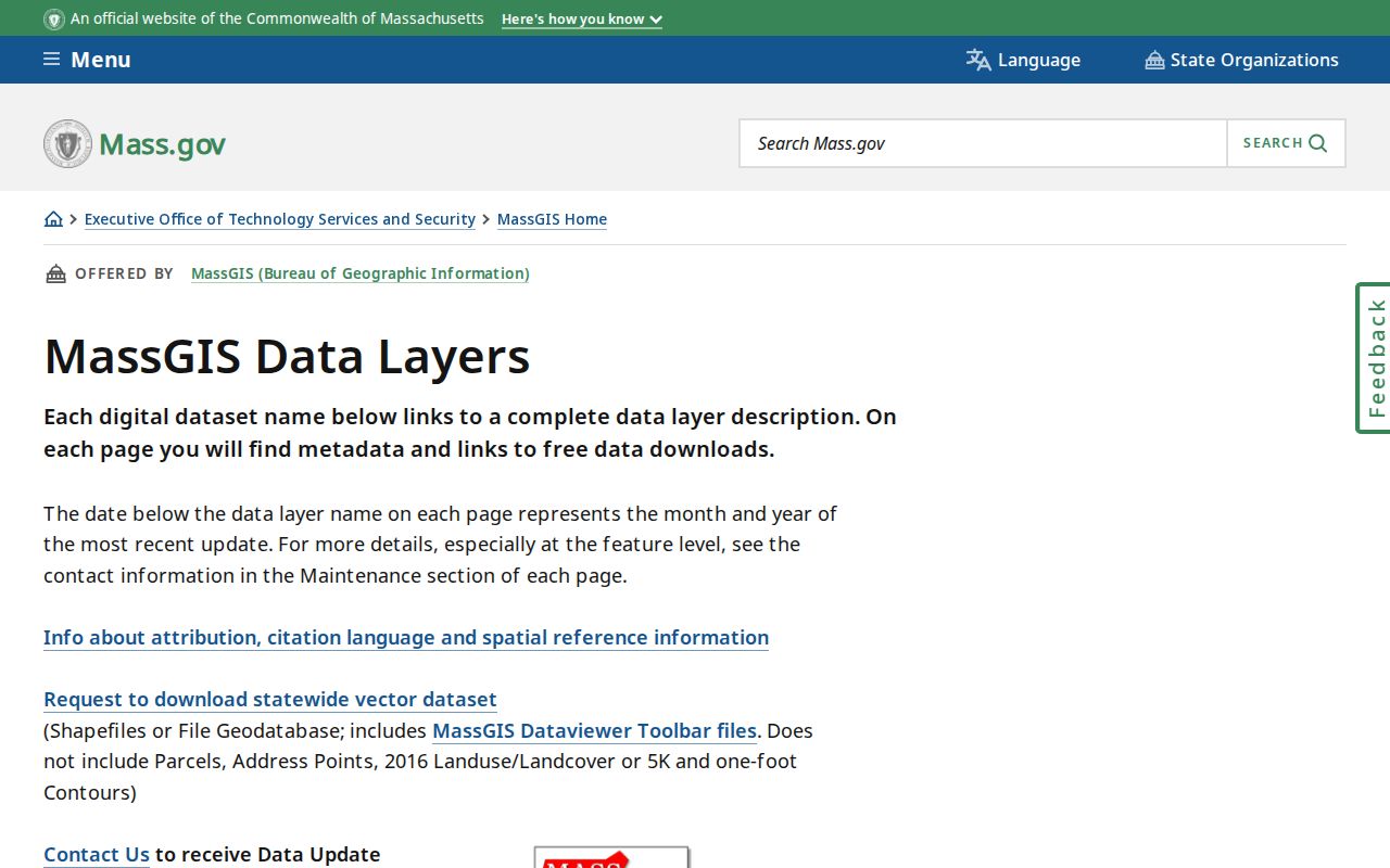 Saugus ZIP code directory screenshot of the MassGIS data layers catalog
