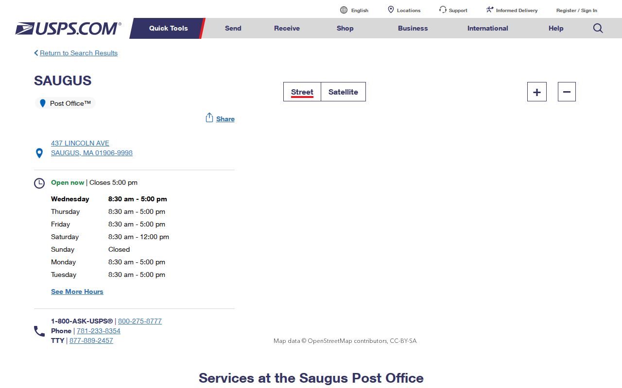 Saugus ZIP code directory screenshot of the USPS Saugus Post Office record